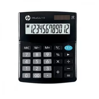 Galda kalkulators HP OC 112 — 12 ciparu LCD, baterija/saulīte, melns, 101×125×33 mm