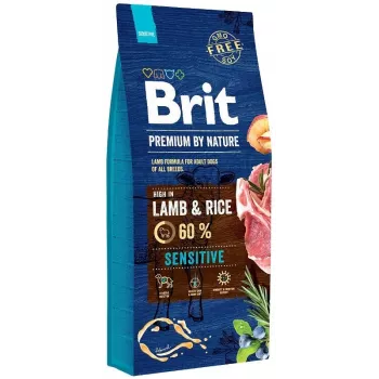 Sausā suņu barība Brit Premium by Nature Sensitive Lamb — 15 kg, jēra gaļa un rīsi, 27% olbaltumvielu, 14% tauku, pieaugušiem suņiem ar jutīgu kuņģi