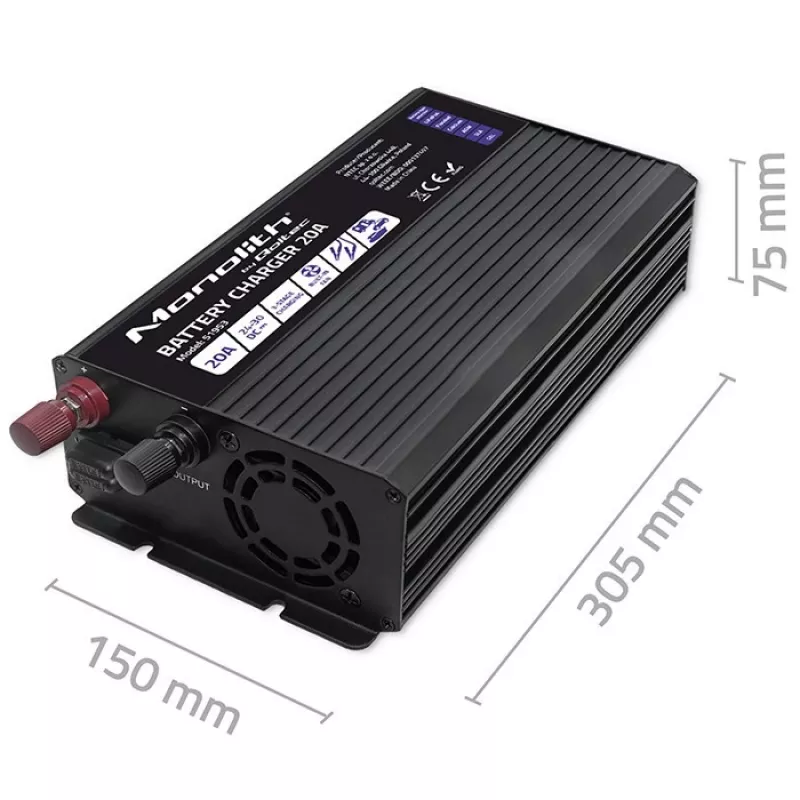 Qoltec Smart Monolith akumulatora lādētājs LiFePO4 AGM GEL SLA akumulatoriem | 20A | 24V