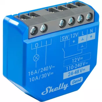 Viedais slēdzis Shelly 1 Gen4, bezvadu, 240 V maiņstrāva, Bluetooth 5.0/Wi‑Fi/ZigBee, plastmasas korpuss, 42×16×37 mm, komplektā 2 gab.