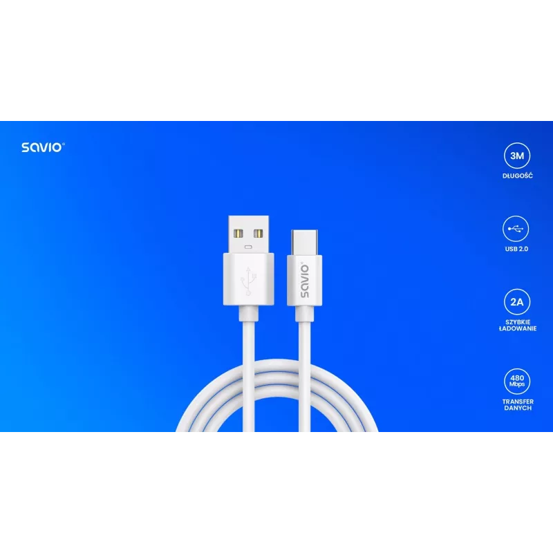 USB 2.0 kabelis SAVIO CL-168, USB A (vīrišķais) uz USB C (vīrišķais), 3 m, balts