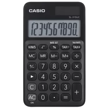 Pamata kalkulators CASIO SL-310UC-BK — 10 ciparu, ar baterijām/saules enerģiju, nodokļu un peļņas funkcijas, kabatas izmērs (70×118×8,4 mm), melns