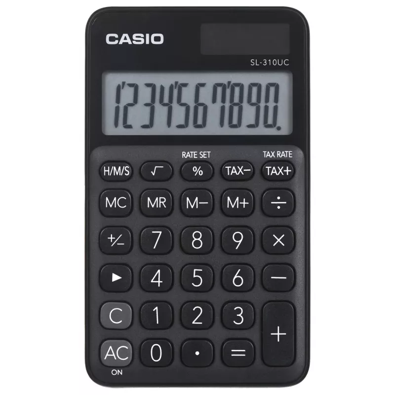 Pamata kalkulators CASIO SL-310UC-BK — 10 ciparu, ar baterijām/saules enerģiju, nodokļu un peļņas funkcijas, kabatas izmērs (70×118×8,4 mm), melns
