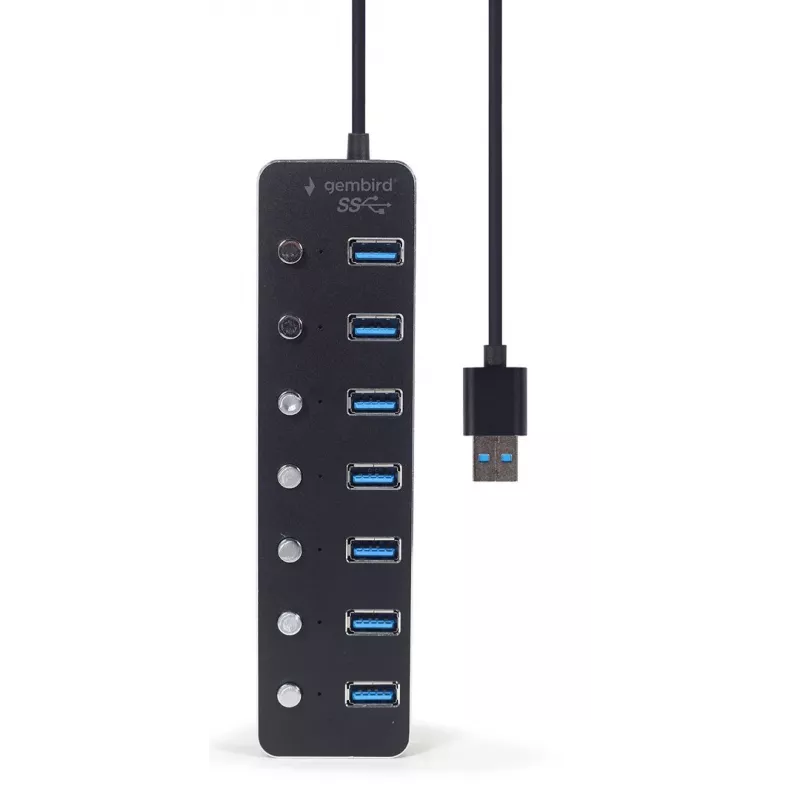 USB centrmezgls Gembird UHB-U3P7P-01, 7 portu USB 3.2 Gen 1 (Type-A), 0,24 m kabelis, melns