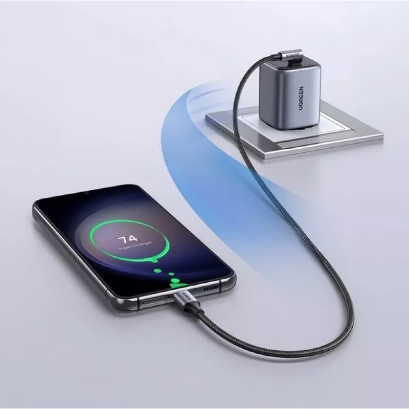 Ugreen USB-C (taisns) / USB-C (leņķveida) PD QC 60W 3A 0,5m US255 (pelēks)
