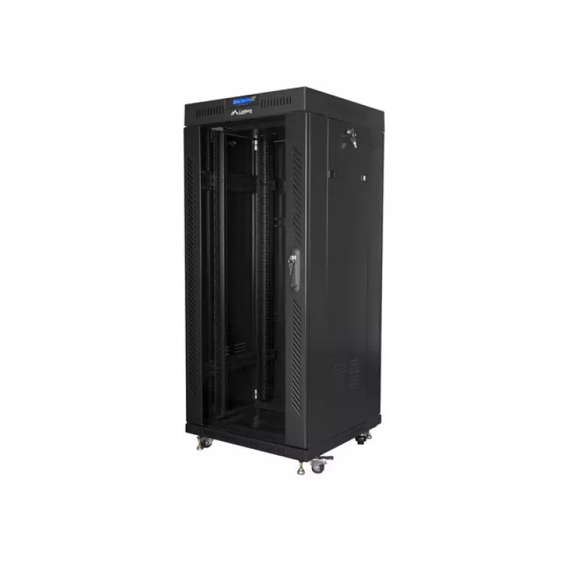 Brīvi stāvošs statīvs LANBERG FF01-6627-12BL 19 collu 27U 600x600 mm stikla durvis, 800 kg ietilpība