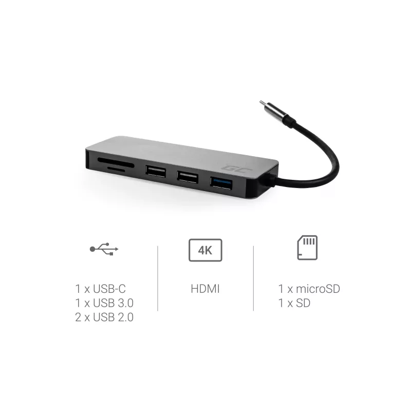 Green Cell AK50 - USB 3.2 Gen 1 (3.1 Gen 1) Type-C - USB 2.0 - USB 3.2 Gen 1 (3.1 Gen 1) Type-A - USB 3.2 Gen 1 (3.1 Gen 1) Type-C - microSD (TransFlash) - SD - sudrabains - Apple MacB