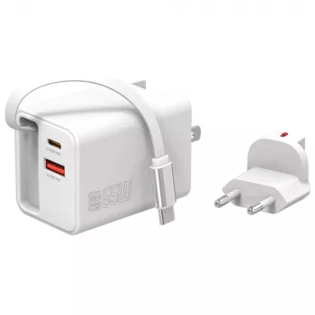 Iekštelpu USB-C/USB-A ātrais lādētājs 4smarts 541065 — Universāls AC 100–240V, Max 20V, 0,7 m kabelis, balts