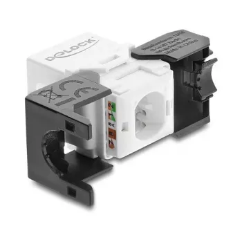 Keystone modulis DELOCK RJ45 uz LSA Cat.6 UTP bez instrumentiem, plakana konstrukcija, 16.2×28.2×19.4 mm, melns/balts