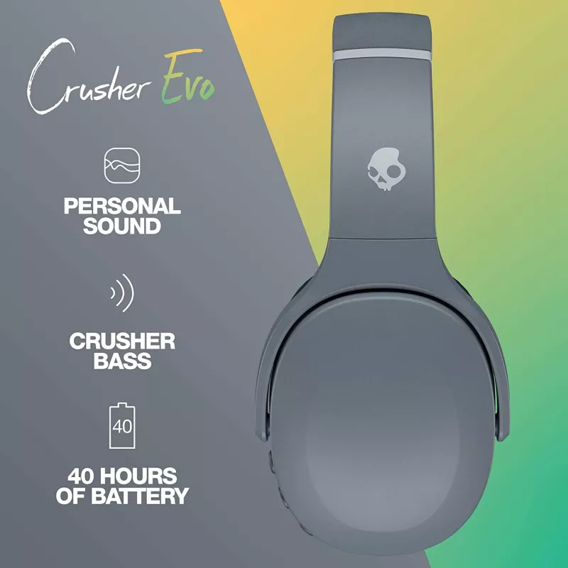 Austiņas Skullcandy Crusher Evo — vadu un Bluetooth, pelēkas, 40 h atskaņošana, USB-C, AUX, salokāmas