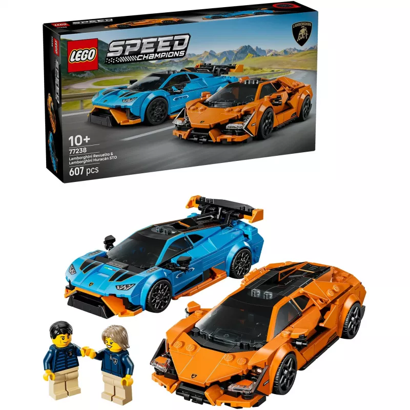 Konstruktors LEGO Speed Champions komplekts 77238 — Lamborghini Revuelto & Huracán STO, 607 detaļas, 2 minifigūras, ieteicamais vecums 10+