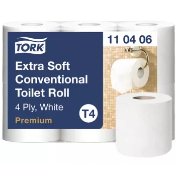 Tualetes papīrs Tork Premium Extra Soft Conventional T4 — 4-kārtu ruļļi 9,7 cm x 19,1 m, 6 gab. iepakojumā