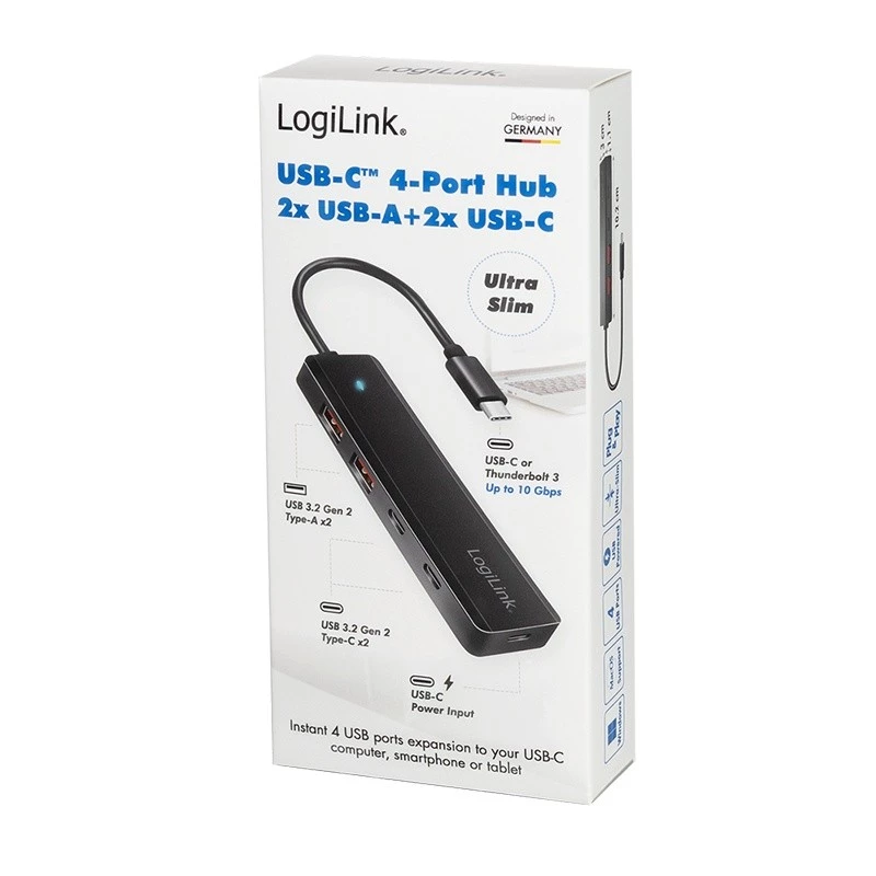 USB-C centrmezgls, 4 porti 2x USB-A, 2x USB-C, melns