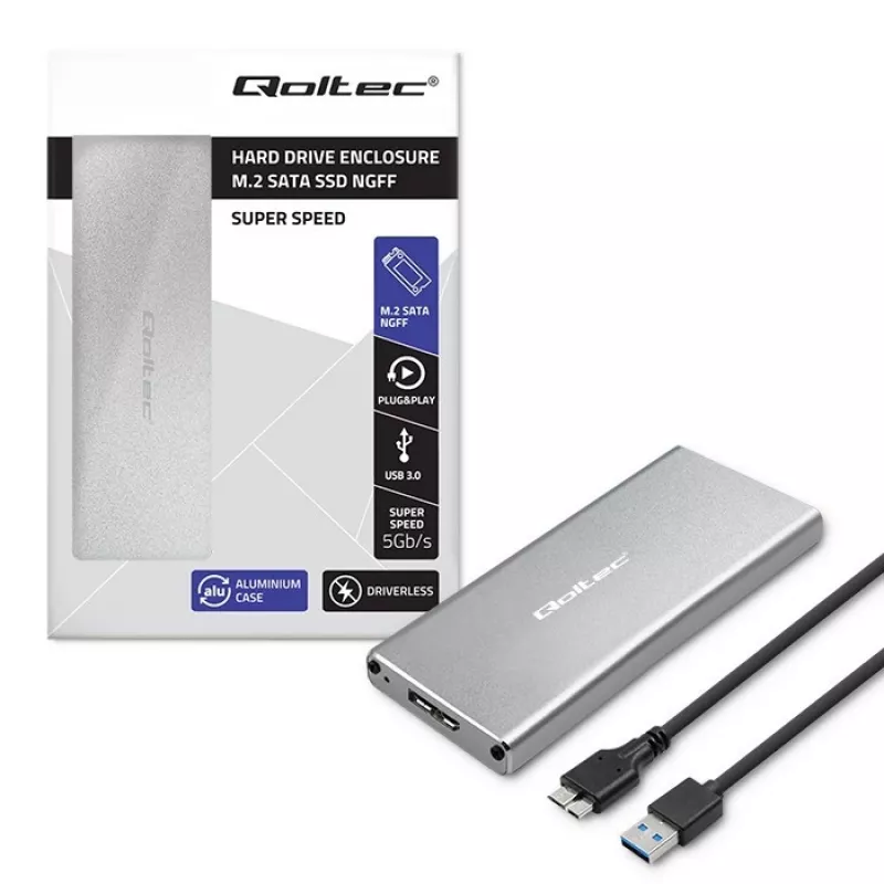 Alumīnija korpuss QOLTEC 51833 M.2 SSD, SATA uz USB 3.0, atbalsta līdz 2TB