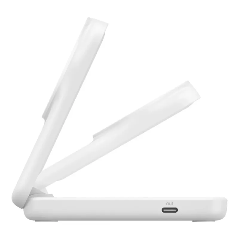 Belkin UltraCharge 25W Qi2 2 vienā salokāms bezvadu uzlādes statīvs, balts (WIZ038KQWH)