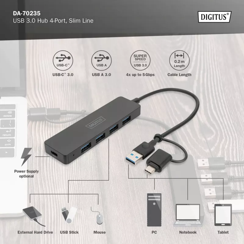 USB centrmezgls, Digitus, DA-70235, 4 portu, USB 3.2 Gen 1, A un C tipa, 12000 Mbit/s