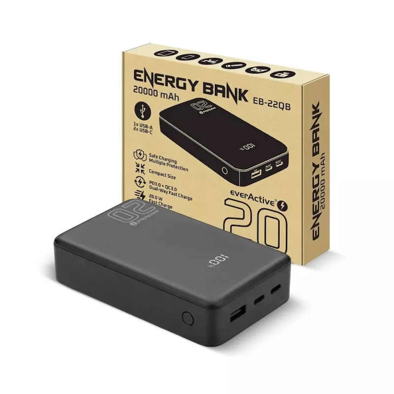 Ārējais akumulators everActive EB-22QB 20 000 mAh, 2× USB-C 20 W, Quick Charge 4.0