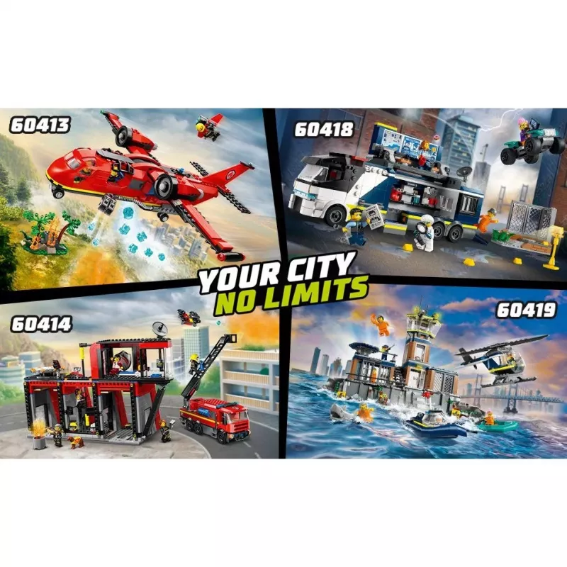 Konstrukciju rotaļlieta LEGO City Ugunsdzēsēju stacija ar grozāmo kāpņu transportlīdzekli 60414 — 843 detaļas, 5 minifigūras, 220×320×140 mm
