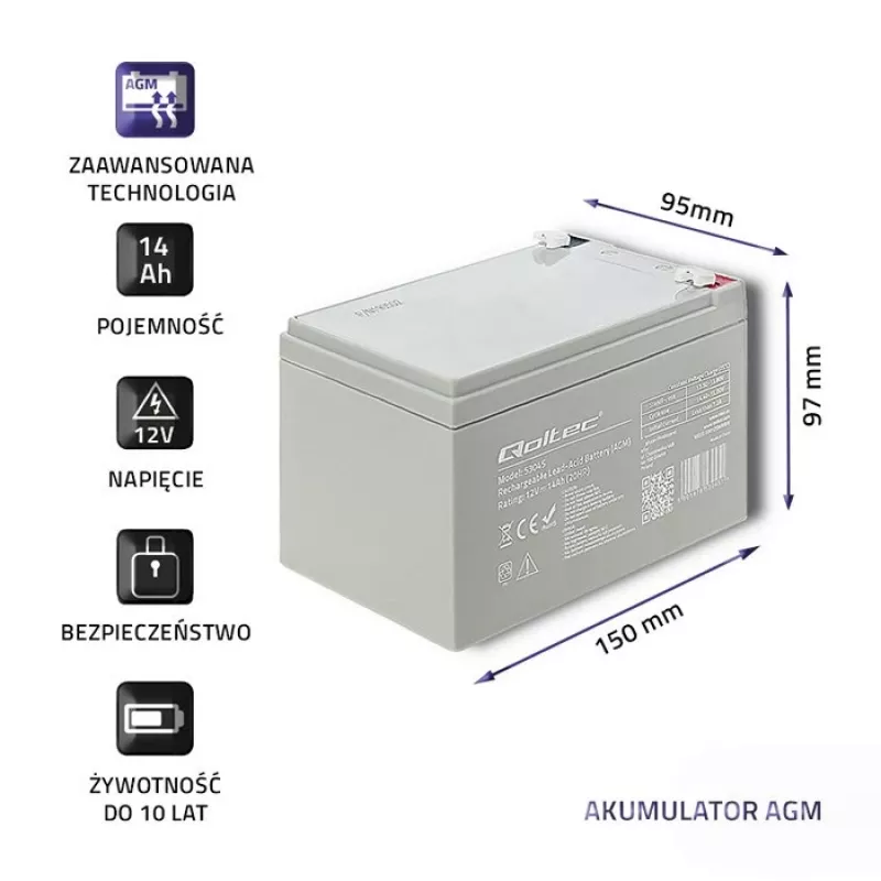 Qoltec 53045 AGM akumulators 12V 14Ah