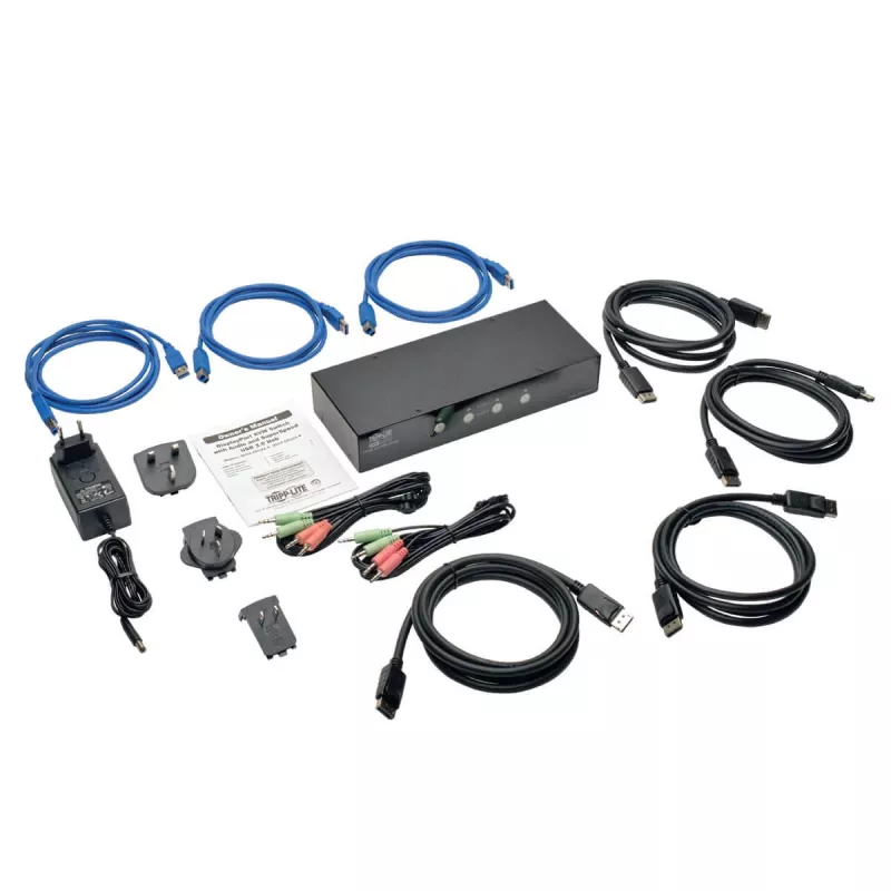EATON TRIPPLITE 4 portu DisplayPort KVM slēdzis ar audio kabeļiem un USB 3.0 SuperSpeed centrmezglu (B004-DPUA4-K)