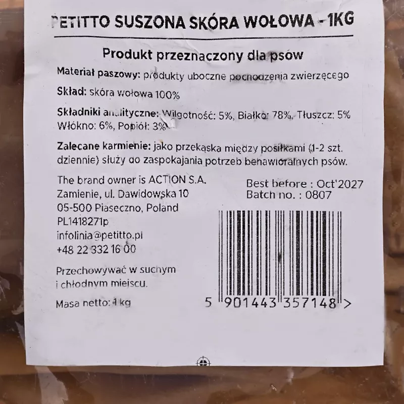Suņu kārumi PETITTO kaltēta liellopa āda, 1 kg iepakojums