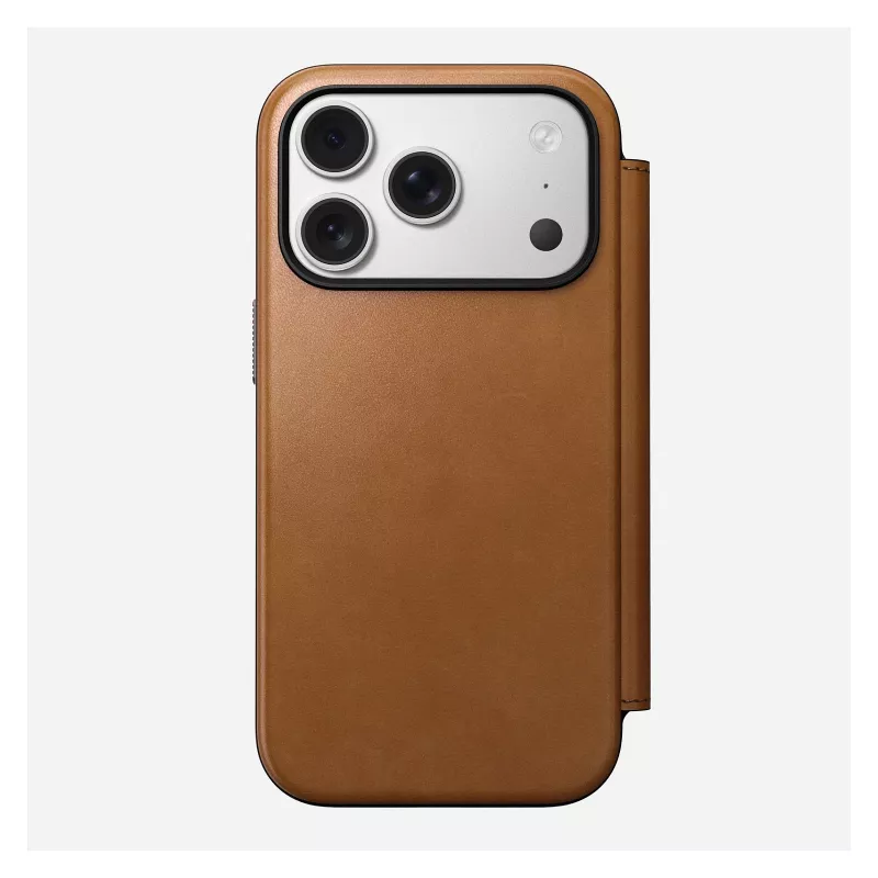 Atvāžamais tālruņa maciņš Nomad Modern Leather Folio iPhone 17 Pro, āda + alumīnijs, 6,3 collas (16 cm), iedegums, 3 karšu kabatas