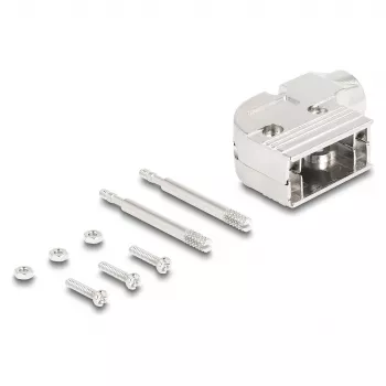 DELOCK D-Sub korpuss 9 kontaktu, leņķveida 90° kabelturis, sudrabota plastmasa, 33×47×16 mm