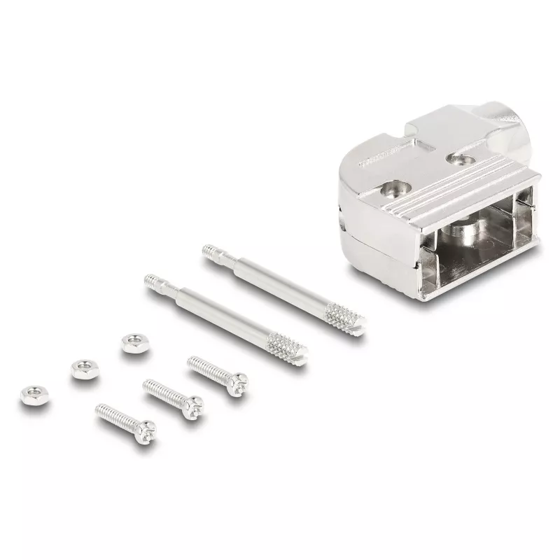 DELOCK D-Sub korpuss 9 kontaktu, leņķveida 90° kabelturis, sudrabota plastmasa, 33×47×16 mm