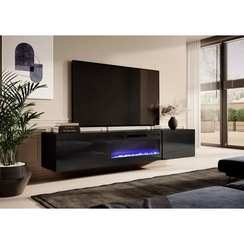 TV skapis Cama Meble SLIDE 200K ar elektrisko kamīnu 200×40×37 cm spīdīgi melns, MDF durvis, skaidu plātnes rāmis