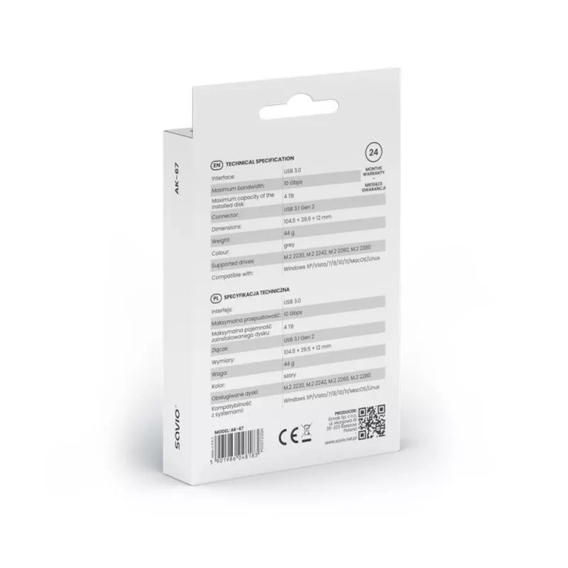 M.2 SSD korpuss SAVIO AK-67 pelēks, USB 10 Gbit/s, atbalsta vienu M.2 disku