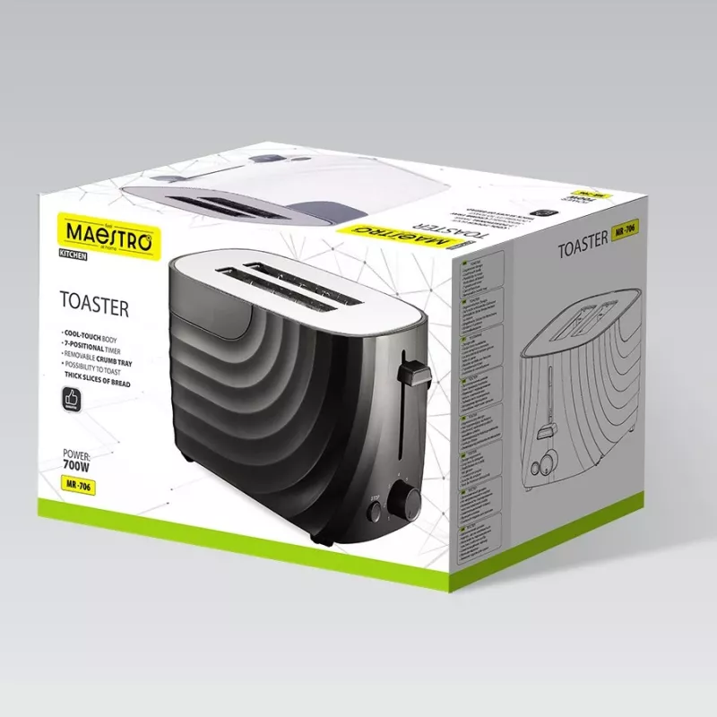 Toaster Maestro MR-706-Melns, melns kompakts 2-šķēlīšu tosteris