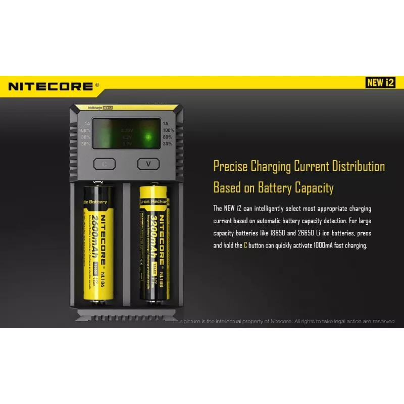 Bateriju lādētājs Nitecore NEW i2 — 2 vietu lādētājs LiFePO4, Li-Ion, NiMH baterijām; ieeja 100–240V; izeja 9–12V; piemērots AAAA/C/D/AAA/AA; melns