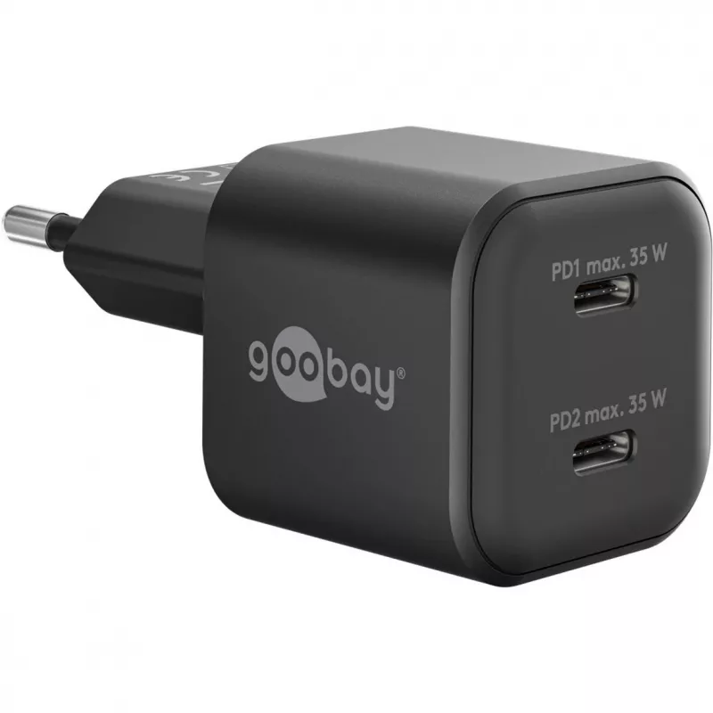 Sienas lādētājs GOOBAY 75333 — universāls iekštelpu AC USB-C lādētājs, 2x USB-C, 35 W, melns