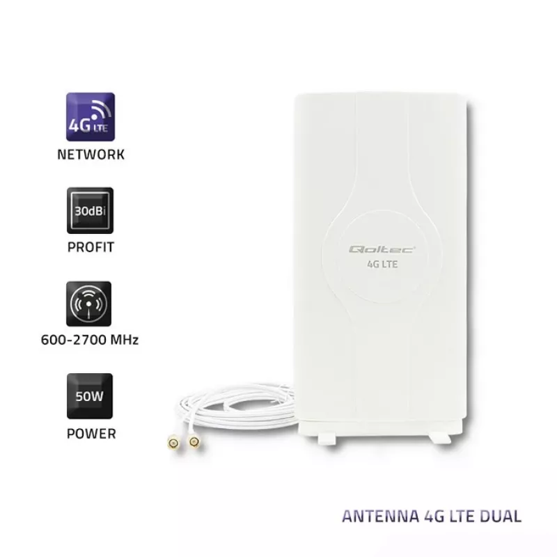 Daudzvirzienu antena QOLTEC 57013, 0.6–2.7 GHz, 30 dBi, vertikālā polarizācija, 50 Ω, balts ABS korpuss
