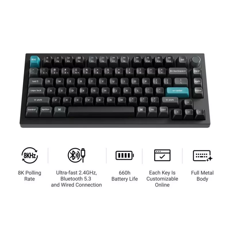 Mehāniskā 75% tastatūra Keychron Q1 Ultra 8K — USB + RF bezvadu + Bluetooth, RGB, melna