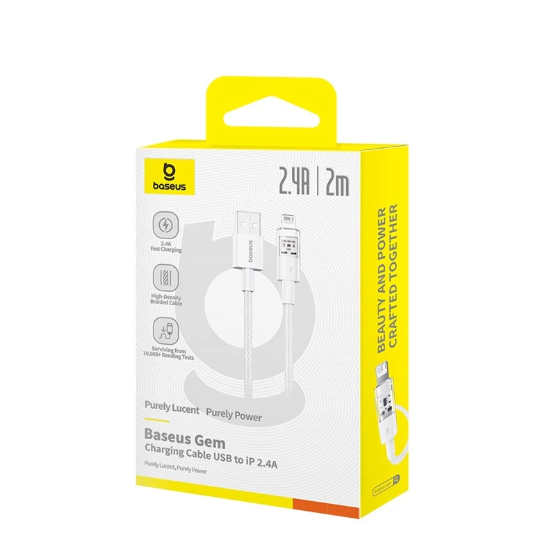 Baseus Gem USB–IP 2.4A ātrās uzlādes kabelis 2 m Balts