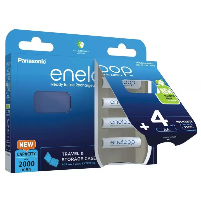 Uzlādējamās baterijas PANASONIC ENELOOP AA 2000 mAh 4 gab. + maciņš (BK-3MCDE/4CP+CASE)
