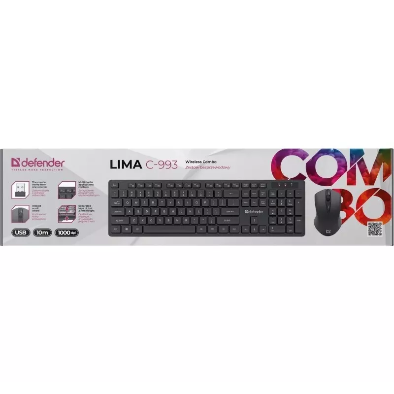 Bezvadu tastatūras un peles komplekts DEFENDER C-993 RF 45996 — RF savienojums, kompakts izkārtojums