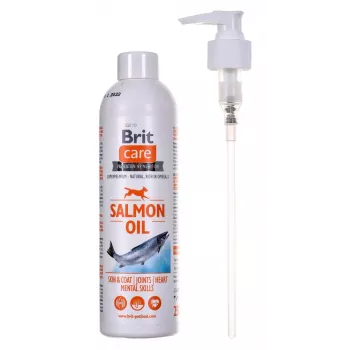 Suņu barības piedeva eļļa Brit Care Salmon Oil 250 g — šķidra, bez konservantiem, uzlabo ādu un apmatojumu