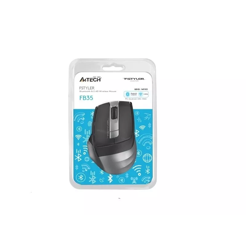 Bezvadu pele A4Tech FB35 (modelis 46717) — Bluetooth + 2,4 GHz, 2000 DPI, 6 pogas, pelēka