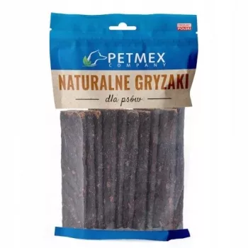 Suņu našķi PETMEX Wild Boar Stripes 200g — briežgaļas hipoalerģiskas košļājamās strēmelītes, olbaltumvielas 37,9%, tauki 23,4%