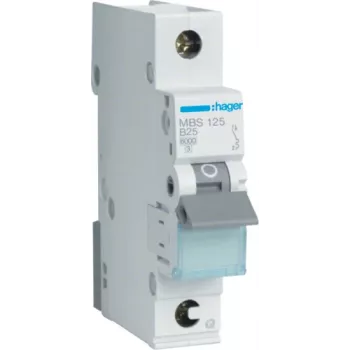 Hager MBS125. Rated Current: 25 A. Type: B-type, Module Quantity (max): 1 Module(e). Width: 17,5 mm, Dziļums: 70 mm, Augstums: 83,4 mm (MBS125)