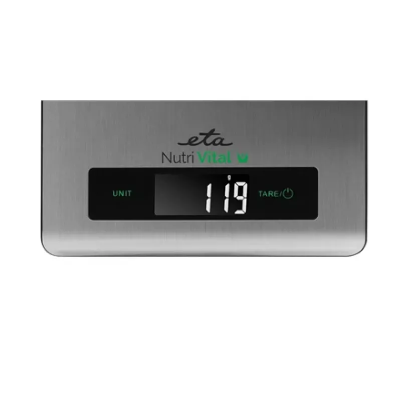 Elektroniskie virtuves svari ETA Nutri Vital Metallic Rectangle — 5 kg ietilpība, 1 g precizitāte, LCD displejs