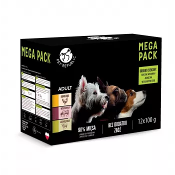 Mitrās suņu barības paciņas PetRepublic 12 x 100 g — vista, liellopu gaļa, jēra gaļa