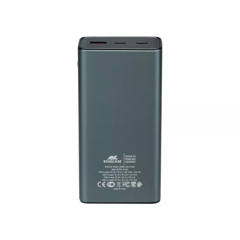 Ārējais akumulators Rivacase VA1022 20000 mAh USB pārnēsājams lādētājs