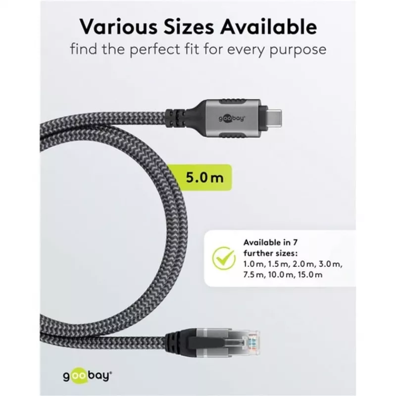 Ethernet kabelis USB-C 3.2 Gen2 spraudnis > RJ-45 spraudnis (melns/sudraba, 5 metri, pīts tekstila apvalks)