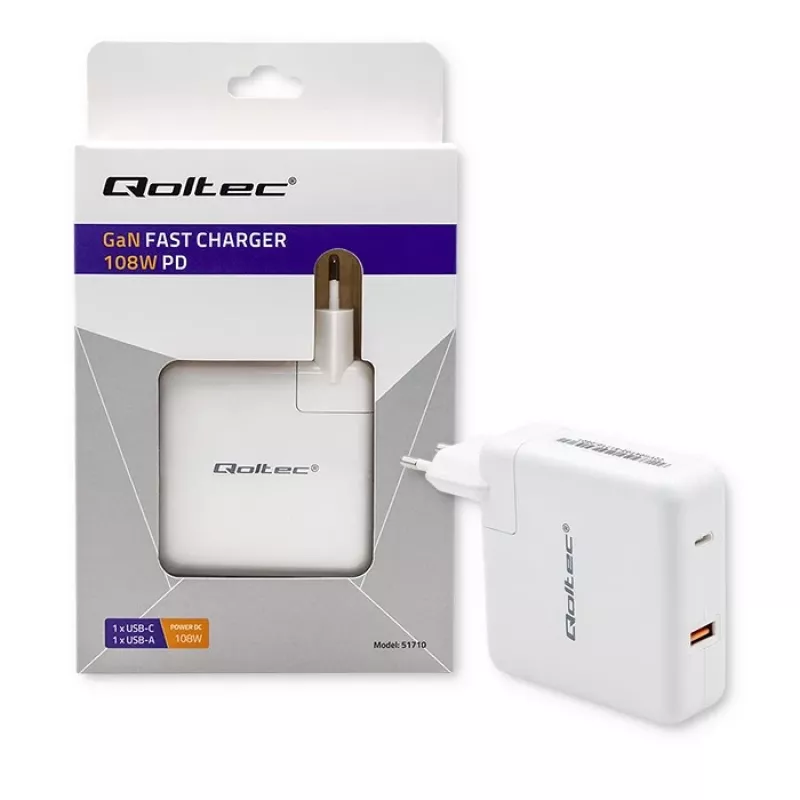 Qoltec GaN lādētājs FAST 108W | 5-20V | 3-4.7A | USB C | Balts