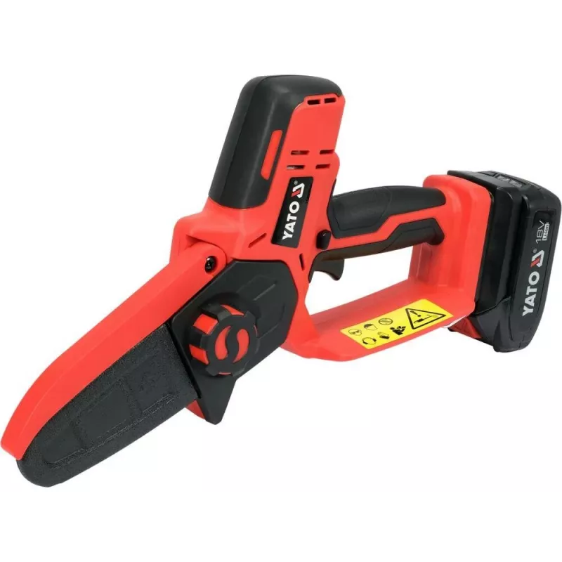 Akumulatora ķēdes zāģis YATO YT-828135 — 18V Li-Ion 2Ah, 10 cm sliede, 3200 RPM, 4,8 m/s ķēdes ātrums, 26 posmi
