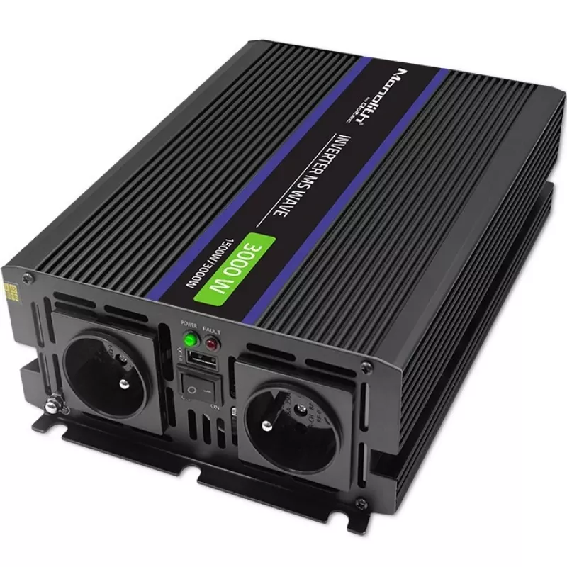 Jaudas pārveidotājs QOLTEC Monolith 3000 MS Wave, 12V→230V, 1500/3000W, ar USB