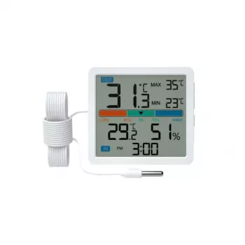 Termometrs‑higrometrs MANTA MTO002W ar ārējo sensoru (150 cm), iekštelpu 0–+50°C, ārtelpu -40–+70°C, mitrums 20–95% RH, komforta indikators, pulkstenis
